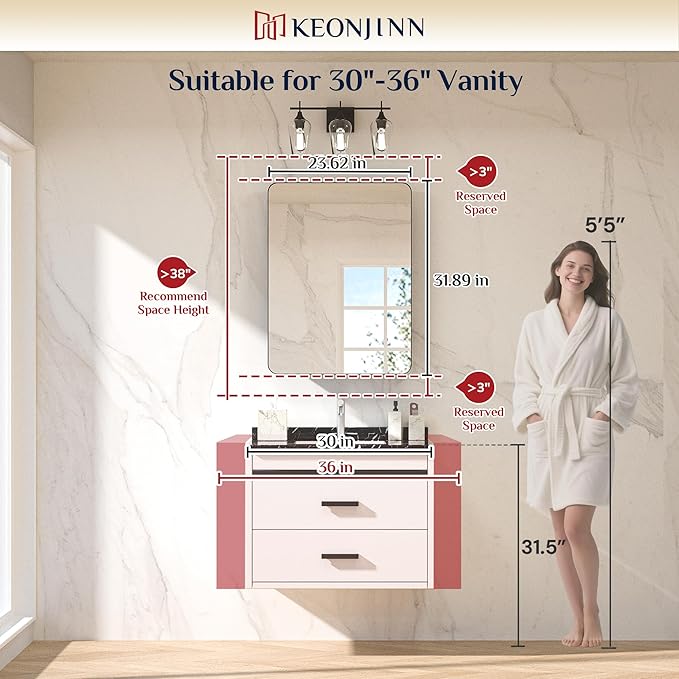 Keonjinn 24 x 32 Inch Black Recessed Medicine Cabinets, Bathroom Mirrored Medicine Cabinet, Black Stainless Steel Framed, Adjustable Shelves, in Wall or Surface Mount, Sturdy & Heavy, Farmhouse
