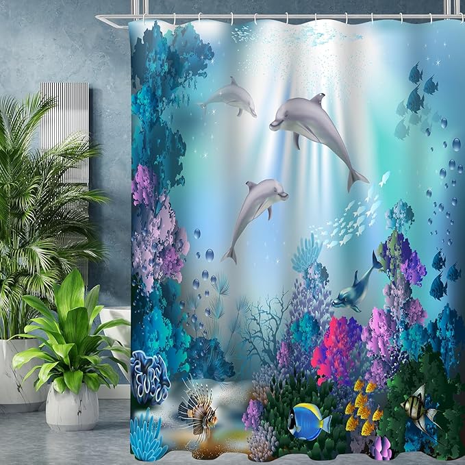 Ocean Dolphin Shower Curtain Set with 12 Hooks, Underwater World Themed Bathroom Decor, Water Resistant Fabric Bath Curtain 4 Piece Set