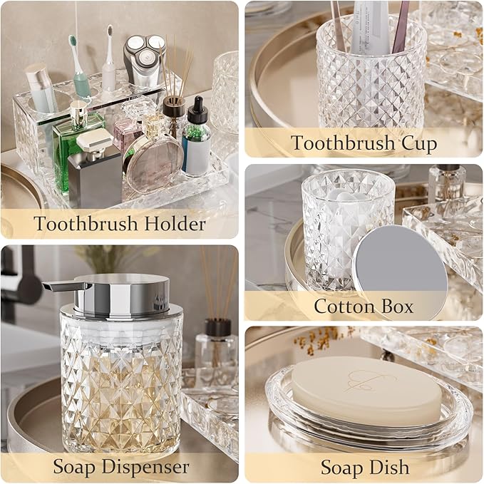 Glass Bathroom Accessories Set 5Pcs Crystal - Foaming Soap Dispenser, Soap Dish, Cup, Acrylic Toothbrush Holder with Tray Organizer, Qtip Jar, Bathroom Counter Set Sink Decor (Clear)