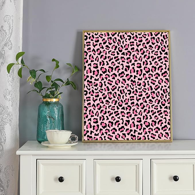 Onalasyc 5Pcs Pink Leopard Shower Curtain Set, Wall Painting Bathroom Sets with Shower Curtain and Rugs, Cheetah Print Bathroom Wall Art Decor Painting Shower Curtains Sets with Rugs