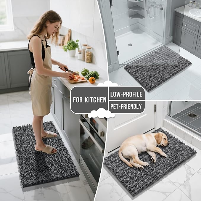 Yimobra Bathroom Runner Rug 55x24 Inch - Extra Long Non Slip Chenille Bath Mat, Soft & Absorbent, Machine Washable Shaggy Hallway Carpet for Vanity Tub Shower, Dark Gray Home Decor Accessories