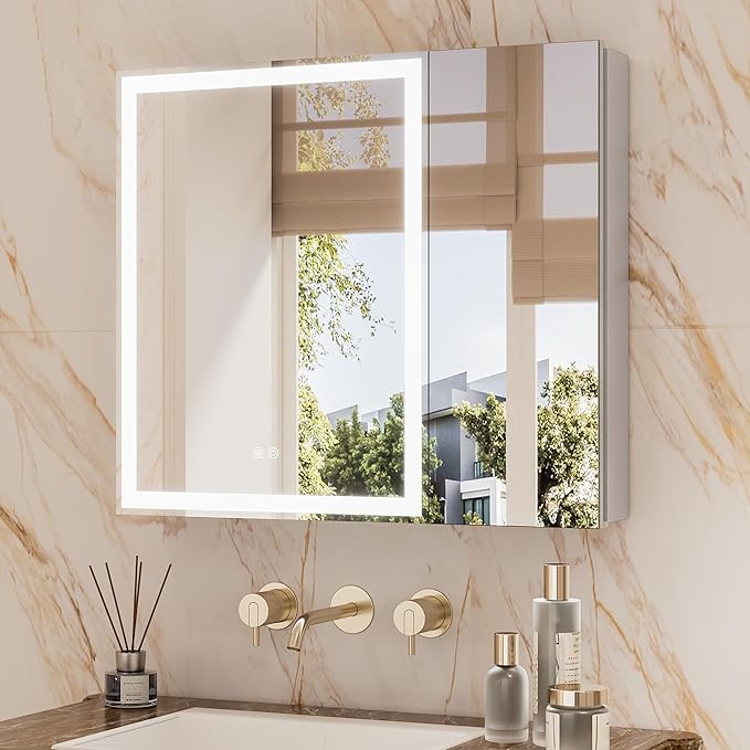 TETOTE 30 x 26 LED Lighted Medicine Cabinet with Mirror with Adjustable Shelves, Silver Aluminum Cabinet, Anti-Fog Stepless Dimmable 3 Colors White/Warm/Natural, Easy to Install(Wall Mount/Recessed)