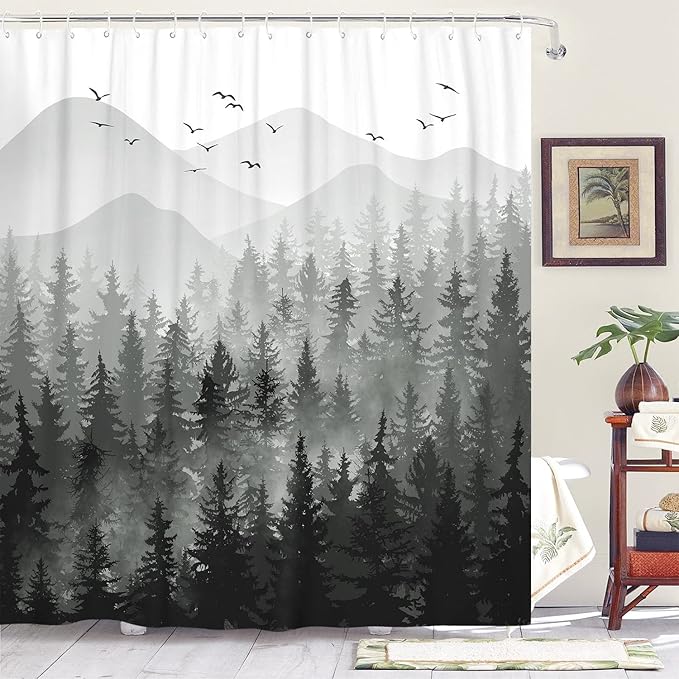 Accnicc Black and White Misty Forest Shower Curtain Ombre Dark Gray Mountain Pine Tree Waterproof Fabric Shower Curtains for Bathroom Grey Nature Woodland Decorative Bath Curtain Decor 72×72 Inches