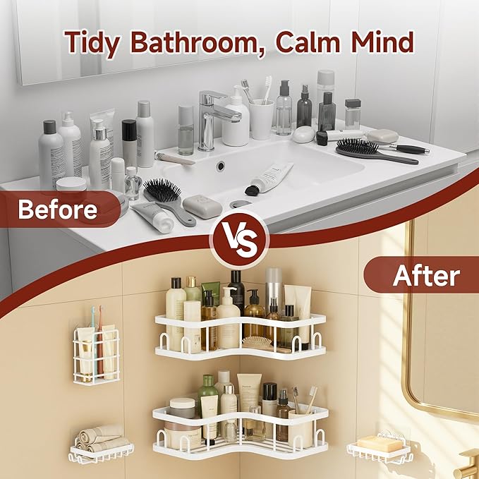 Veken Corner Shower Caddy 5-Pack, Advanced Rustproof Design, No Drilling Adhesive Shelves, Rack with Soap Holder, Large Capacity Bathroom Organizers and Storage, Wall-Mounted Kitchen&Home Decor,White