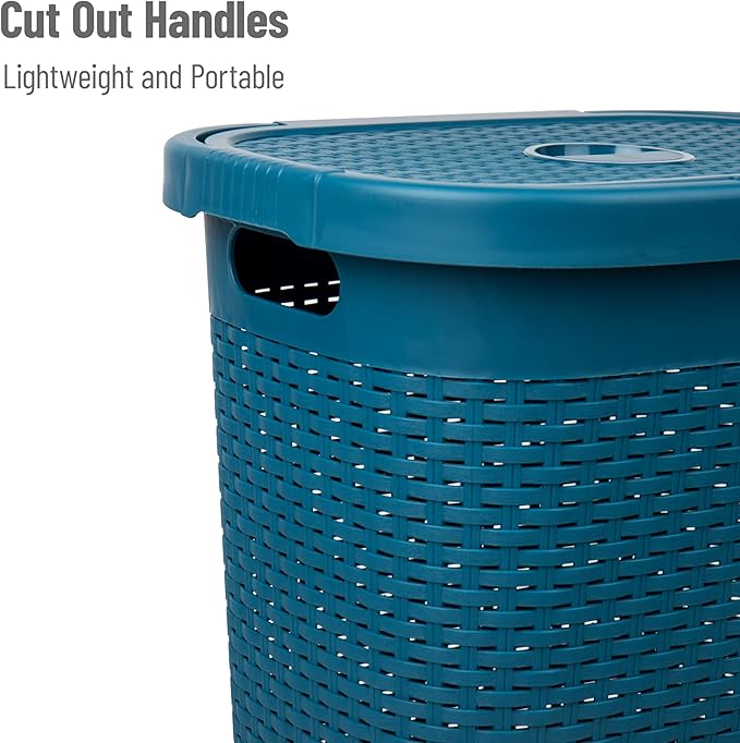 Mind Reader 50L Slim Laundry Hamper, Clothes Basket, Lid, Wicker Design, Plastic, 17.65"L x 13.75"W x 21"H, Blue