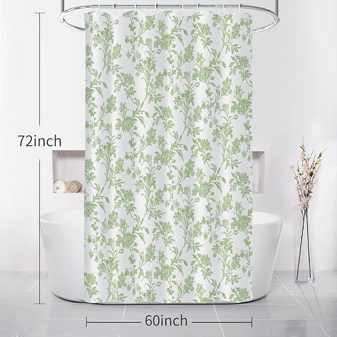 Seorsok Green Shower Curtain,Sage Floral Cotton Linen Cottagecore,Elegant Floral Fabric Shower Curtain Machine Washable Waterproof Bathroom Decor 60'Wx72'L inches