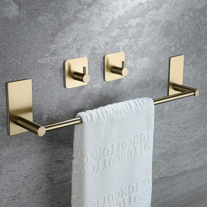 Taozun Golden Towel Bar Set- Self Adhesive Towel Holder + 2 Packs Towel Hooks Bathroom Accessories, 16-Inch Towel Rack for Bathroom Stainless Steel Brushed Brass New