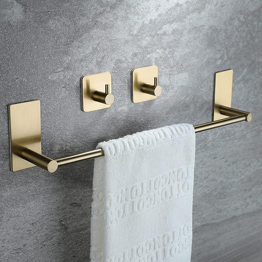 Taozun Golden Towel Bar Set- Self Adhesive Towel Holder + 2 Packs Towel Hooks Bathroom Accessories, 16-Inch Towel Rack for Bathroom Stainless Steel Brushed Brass New