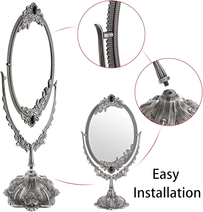 JUXYES Metal Tabletop Antique Decorative Makeup Mirror with Stand, Vintage Swivel Double Sided Cosmetic Mirror with Frame, Retro Desktop Oval Dressing Mirror for Bathroom Bedroom