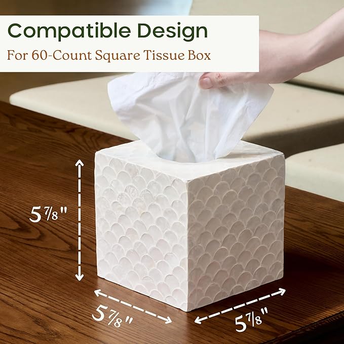 CHI AN HOME 5.8” Capiz Tissue Box Cover, Square Decorative Tissue Holder with Bottom Slider, Handmade Bathroom Accessories, Elegant White Cube for Vanity, Bedroom, Office & Coastal Décor (Natural)