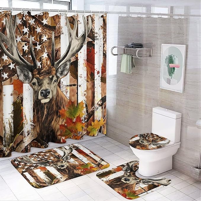 Rustic Deer Camouflage Deer Elk 4 Piece Shower Curtain Sets, Non-Slip Rugs, Toilet Lid Cover and Bath Mat, Durable and Waterproof, for Bathroom Decor Set One Size