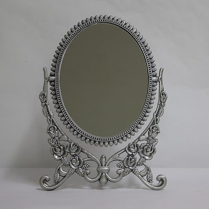 SEHAMANO Vintage Antique Embossed Roses Pattern Makeup Table Mirror, Decorative Oval Shaped Stand Mirror, Vanity Cosmetic Double Sided Rotatable Ellipse Metal Frame Mirror (Tin (Matt Grey), Large)
