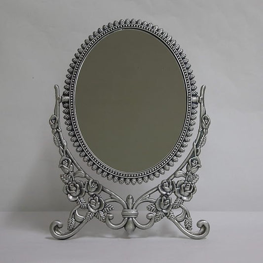 SEHAMANO Vintage Antique Embossed Roses Pattern Makeup Table Mirror, Decorative Oval Shaped Stand Mirror, Vanity Cosmetic Double Sided Rotatable Ellipse Metal Frame Mirror (Tin (Matt Grey), Large)