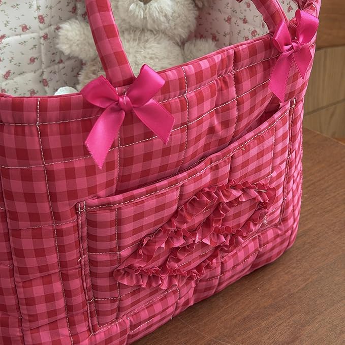 Quilted Fabric Basket Car Storage Basket Boho Floral Laundry Hamper for Nursery Bedroom & Living Room | Organize Clothes Toys (Hot Pink Gingham Check)