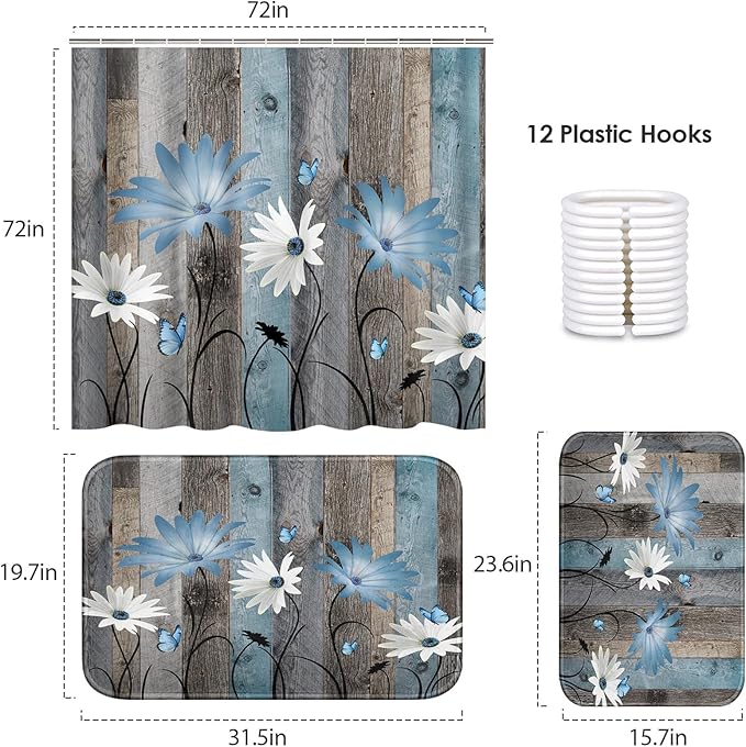 ArtSocket Blue Daisy Flowers Butterfly Bathroom Set with Shower Curtain and Bath Rugs and Accessories,Wooden Boards Non-Slip Shower Curtain Set,Bathroom Decor 3 Pcs