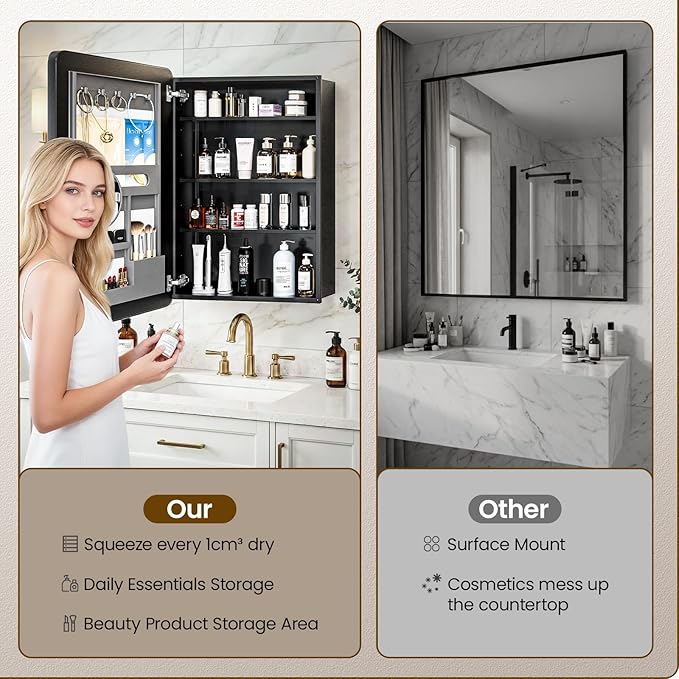 Medicine Cabinet with Mirror, 20x30 Inch Aluminum Bathroom Cabinet with Adjustable Shelves, Built-in Makeup Storage, Recessed or Surface Mount, Soft Close Hinges, Matte Black