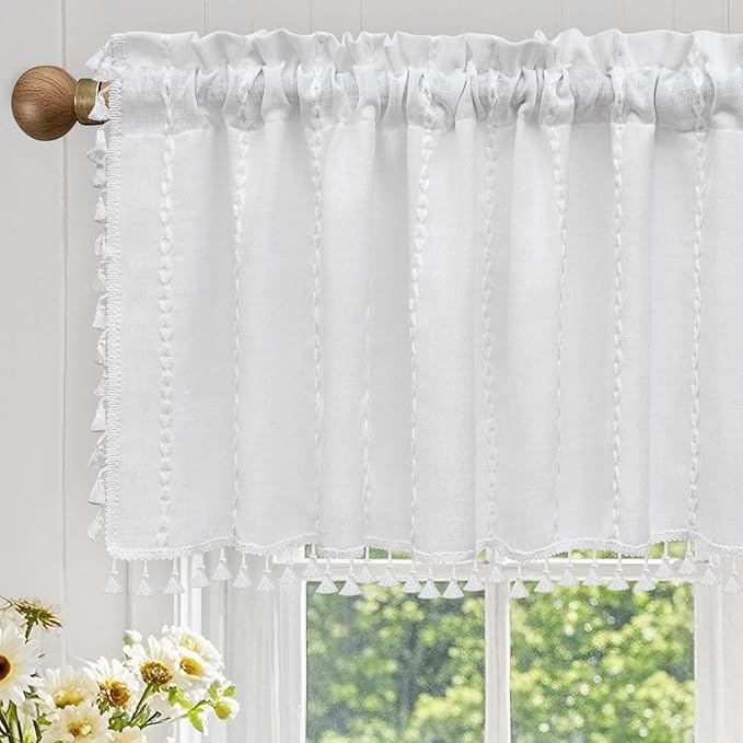 White Boho Farmhouse Valance Curtain with Tassels, 52 x 18 inch Linen Textured Window Curtain for Living Room, Striped Light Filtering Valance for Kitchen Bedroom Bathroom Rod Pocket