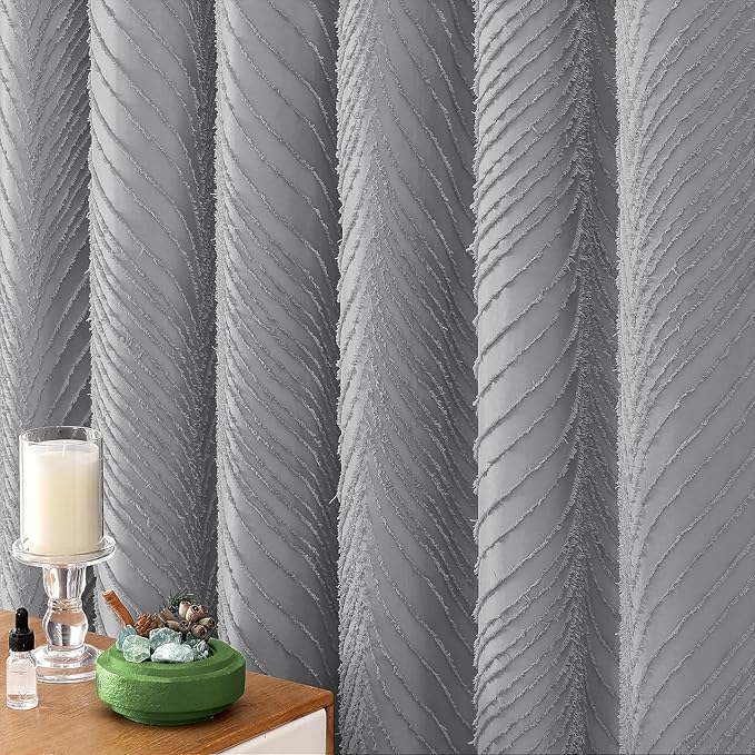 BTTN Grey Boho Farmhouse Shower Curtain, Tufted Leaves Textured Striped Shower Curtain Set with Tassel, Water Repellent, Modern Minimalist Shabby Chic Shower Curtains for Bathroom, 72 x 72