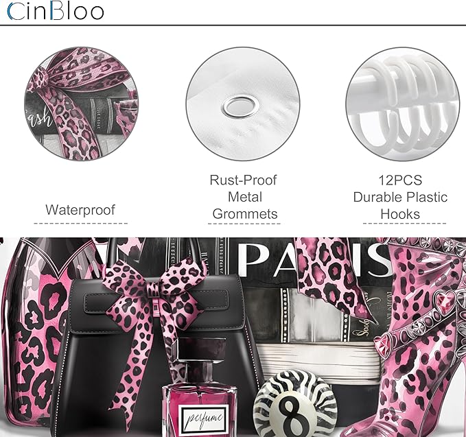 Cinbloo 4Pcs Black and Pink Leopard Print Shower Curtain Set,Fashion Modern Girly Bow Perfume Striped Bathroom Curtain with Rug,Toilet Lid Cover, Bath Mat,High Heels Books Shower Curtain with 12 Hooks