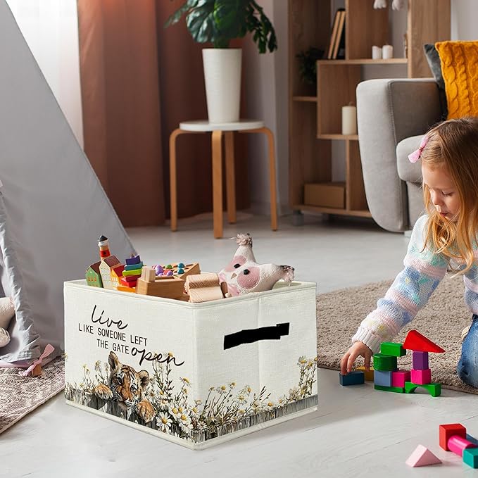 Rustic Tiger Storage Bins & Boxes with Handles, Farmhouse Tiger Foldable Basket for Organizing, Live Like Someone Left the Gate Open Collapsible Storage Basket for Bedroom Bathroom Clothes Toys