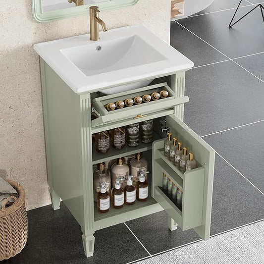 Virubi 20 in Small Bathroom Vanity with Sink,Soft Closing Door,Tilt-Out Drawer and Adjustable Shelf,Solid Wood Frame Modern Single Bathroom Sink Cabinet,Freestanding (Green)