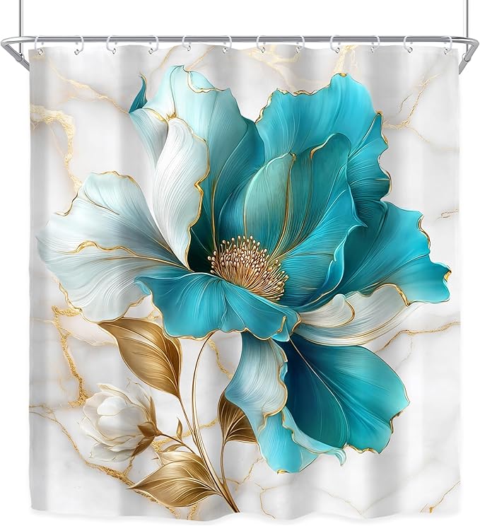 Riyidecor Teal Gold Marble Floral Shower Curtain for Bathroom Decor 72Wx84H Extra Long Abstract Modern Fashion Flower Luxury Modern Art Printed Fabric Polyester Waterproof 12 Pack Plastic Hooks
