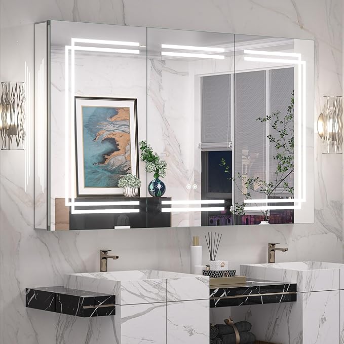 Keonjinn 48 x 32 Inch Large Medicine Cabinet with Lights, LED Medicine Cabinet Mirror for Bathroom, Adjustable Shelves, Tempered Glass, No Outlets, Dimmable, 3 Color Lights, Anti-Fog, Wall Mount Only