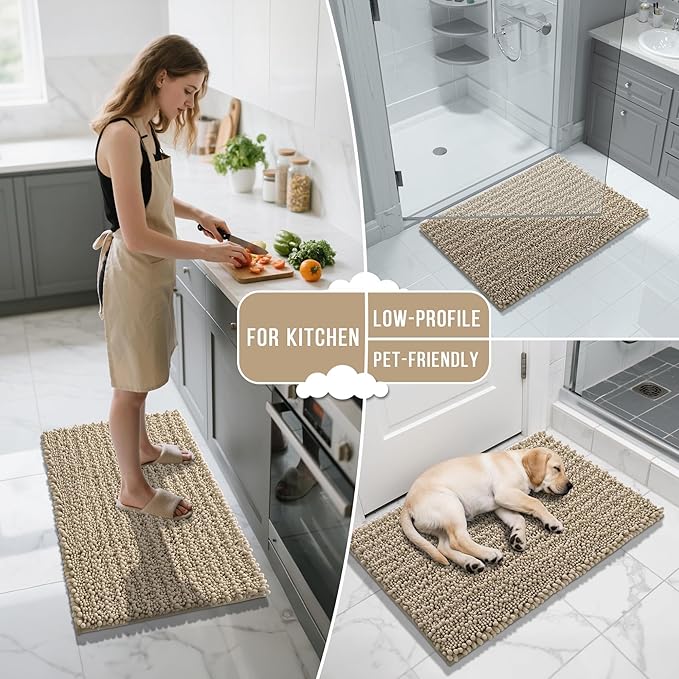 Yimobra Bathroom Rugs Non Slip Washable 24x17 Inch - Ultra Soft Absorbent Chenille Bath Mat, Quick Dry Shaggy Floor Carpet for Tub Shower, Camel Home Decor Accessories
