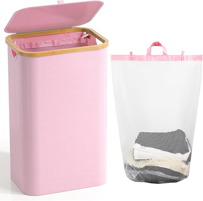 100L Laundry Hamper with Lid, Large Laundry Basket with Bamboo Handles, Clothes Hampers for Laundry with Removable Bag, Dirty Clothes Hampers for Bedroom Aesthetic, Pink