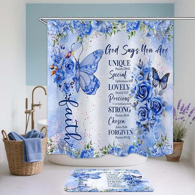 4 Pcs Blue Butterfly Inspirational Quotes Shower Curtain Set with Rugs, Toilet Lid Cover and Bath Mat, Bible Verse Floral Bathroom Decor Set Accessories, Colorful Boho Shower Curtain with 12 Hooks