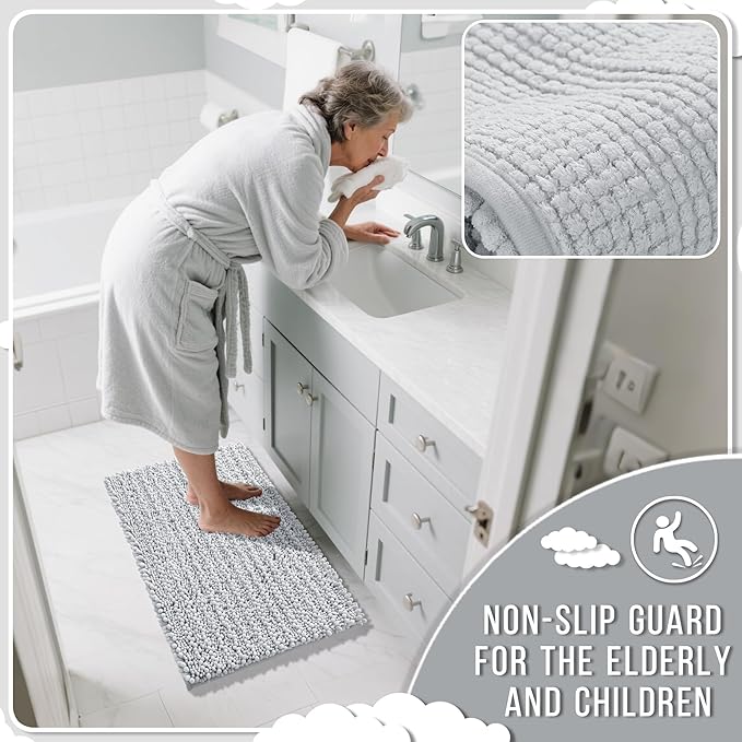 Yimobra Large Bathroom Rugs Non Slip Washable 36x24 Inch - Ultra Soft Absorbent Chenille Bath Mat, Quick Dry Shaggy Floor Carpet for Tub Shower, Silver Home Decor Accessories