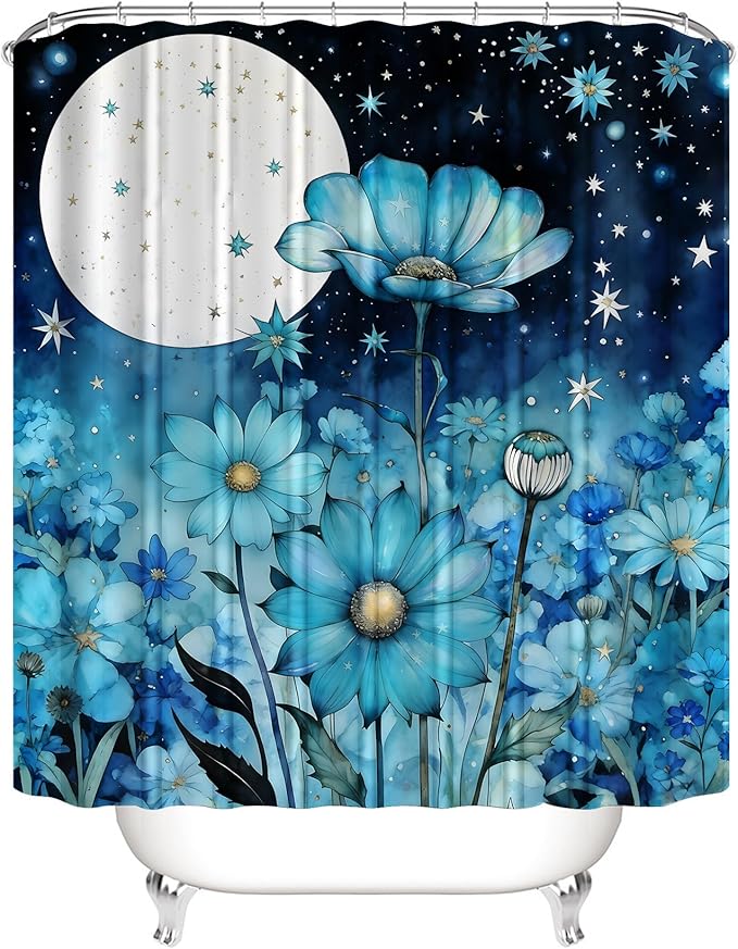 AZHM Blue Moonlit Floral Shower Curtain Set 4 PCS Starry Night Botanical Bathroom Decor Set with Non-Slip Rugs, Toilet Lid Cover and Bath Mat