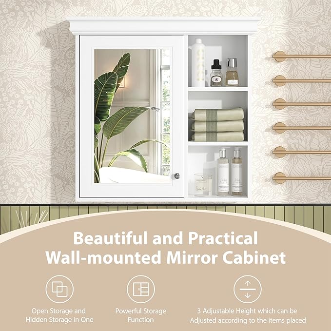 Merax Modern Bathroom Medicine Cabinet with Mirror, 30" x 28" Wall Mounted White Medicine Cabinet with Storage and Open Shelves,Over The Toilet Mirrored Bathroom Storage Wall Cabinet