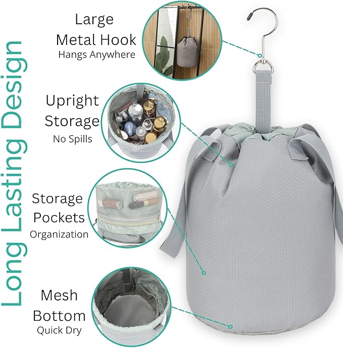 Portable Shower Bag with Drawstring Closure and Breathable Mesh Bottom – Travel Shower Caddy, Foldable Durable Design with Mesh Bottom for Cruise Ship Essentials, College Dorm Shower Caddy (Sage Grey)