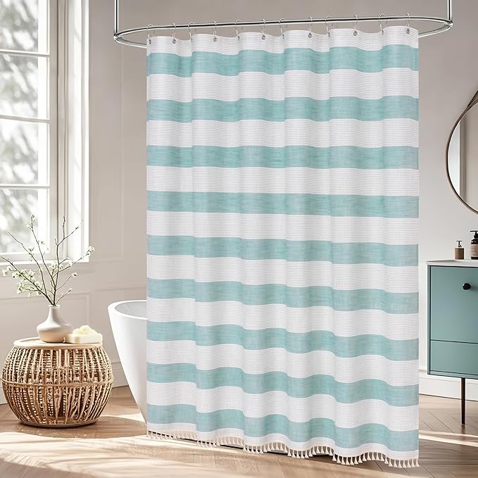 Boho Chic Thick Teal Shower Curtain with Tassels, 350GSM Cotton Linen Soft Fabric Shower Curtain Aqua Green, 72 x 72 Inch Heavyweight Elegant Farmhouse Bathroom Decor Curtain French Country