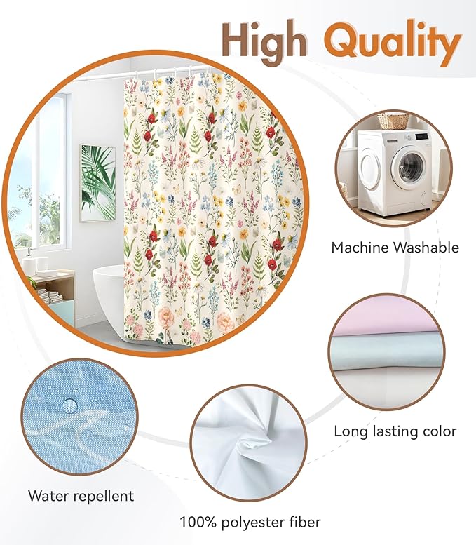 MAMUSE Shower Curtain for Bathroom - Cute Aesthetic Decorative Modern Girly Unique Girls Design Pretty Women Waterproof Fabric Cloth Cortinas de Baño Bathtub 72 x 72 Inch, Plant Flower