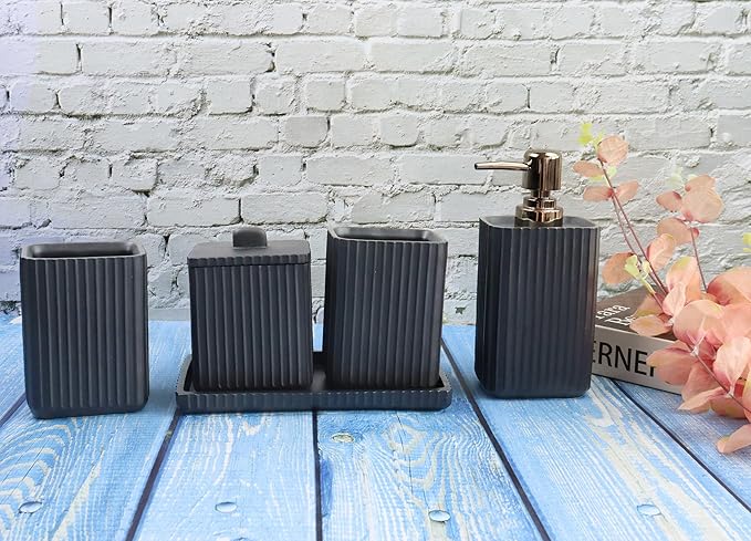 Hymmah Black Bathroom Accessories Set,Unique Design Bathroom Set 5 Pcs Resin Gift Set Apartment Necessities, Contain Cotton Swab Jar,Soap Dispenser,Soap Dish/Tray,Tumbler