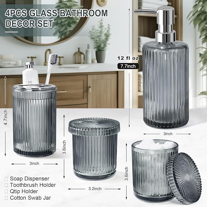 KASUNTING Gray Glass Bathroom Accessories 4 Pcs, Grey Bathroom Set, Soap Dispenser and Toothbrush Holder Set, Qtip Holder Set, Vintage Bathroom Sink Set, Modern Bathroom Decor