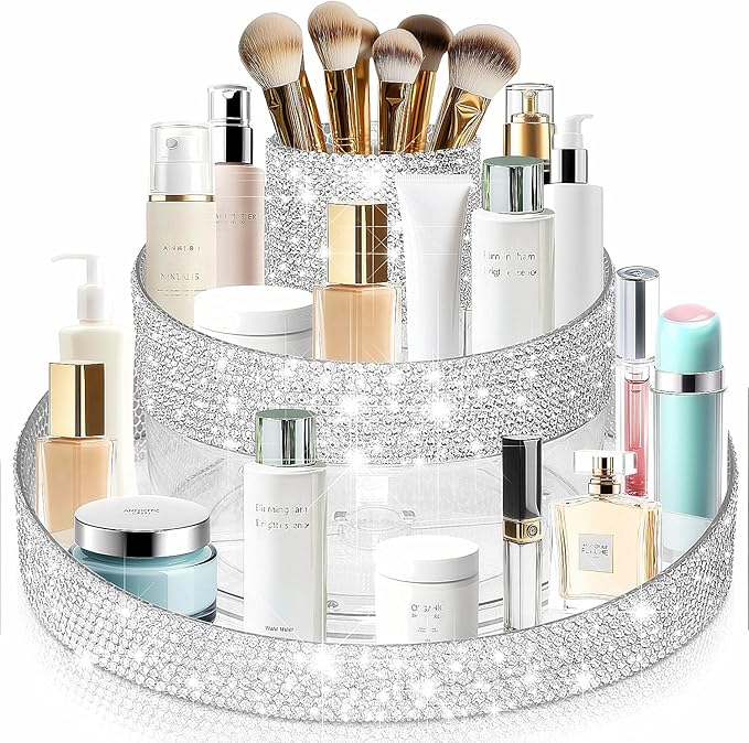 Yivaiks Bling 360 Rotating Makeup Organizer,Shiny Lazy Susan Cosmetic Storage Turntable for Skincare,Perfume & Lipstick,Glitter Round Spinning Tray with Brush Holder for Vanity,Bathroom (10"L x 10"W)