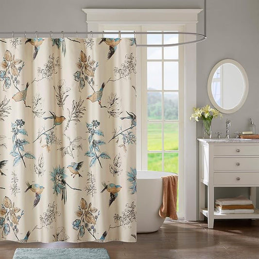 Madison Park Shower Curtain, Bird & Leaf Print, Farmhouse Shower Curtain for Bathroom, Modern Country Bathroom Décor, Machine Washable, Cotton Shower Curtain, Quincy, 72x72" Khaki