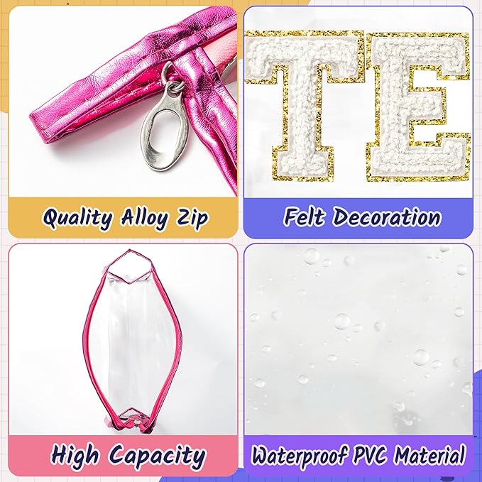 CY2SIDE TEACH Clear Makeup Bag - White TEACH Letter Patch Cosmetic Bag with Handle for Travel PVC Zipper Clear Toiletries Waterproof Portable Travel Organizer Teacher Appreciation Gifts, Rose