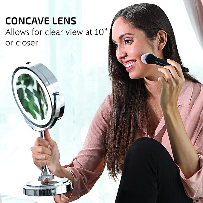OVENTE 7'' Lighted Makeup Mirror with 1X/7X Magnification, Cordless Tabletop Mount Vanity Mirror with 360° Swivel Design & Double Sided Glow Cosmetic White LED Ring Light, Polished Chrome MCT70CH1X7X