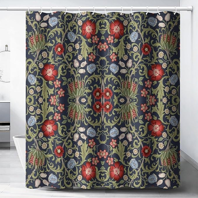 Boho Watercolor Floral Shower Curtain William Morris Design Heavy Duty Fabric Shower Curtain Set Bathroom Polyester Waterproof Shower Curtain 72x84 Inches(183x214cm), Style