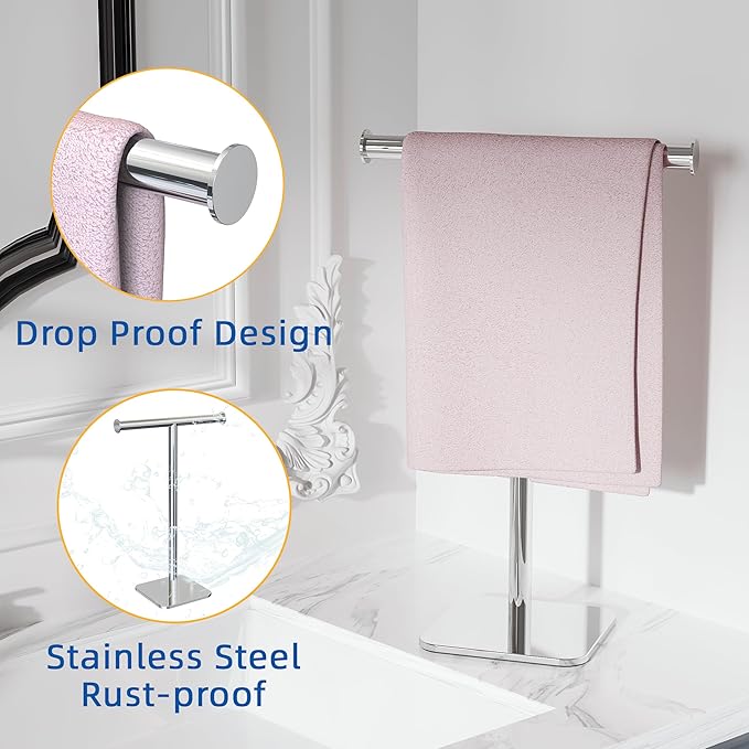 RUACQ Hand Towel Stand, 16" T-Shape Hand Towel Holder Stand for Bathroom, Kitchen and Countertop Towel Holder 304 Stainless Steel Hand Towel Rack with Weighted Base (Chrome)