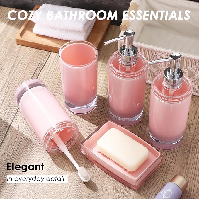 Pink Bathroom Accessories Set 5 Pieces Soap Dispenser and Toothbrush Holder, Tumbler, Soap Dish, Waterproof Labels, Acrylic Sink Countertop Organizer Set, Housewarming Gift with Exquisite Packaging