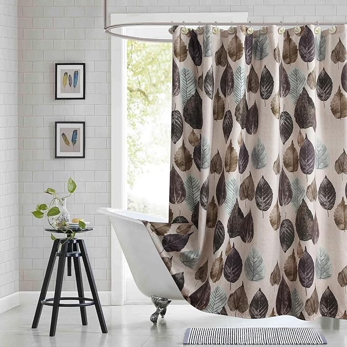 Beige Shower Curtain 72x78 Inches Long, Waterproof Linen-Tone Fabric with Realistic Brown & Green Leaf Print, 12 Metal Grommets & Weighted Hem