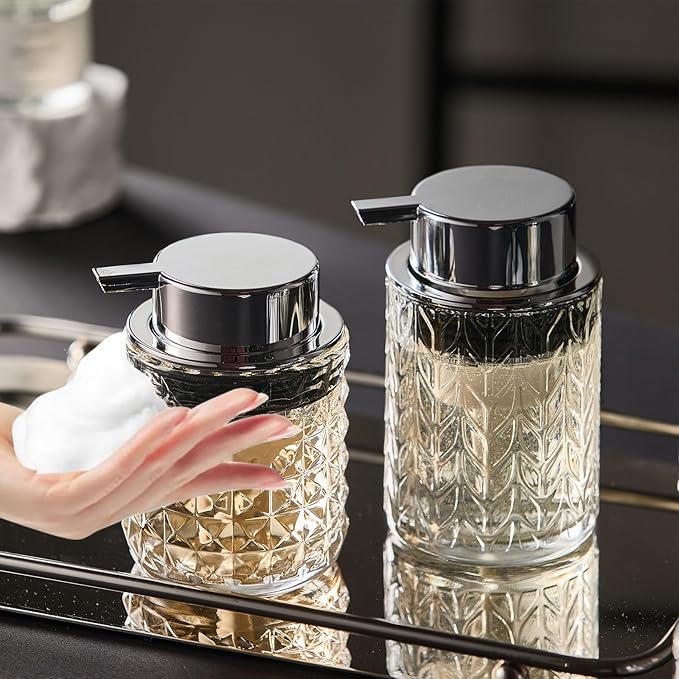 CICUFY Foaming Soap Dispenser 2 Pack, Foam Hand Soap Dispenser for Bathroom Kitchen Liquid Refillable Clear Glass Bottles with Silver Pump(Diamond Pattern-Clear)