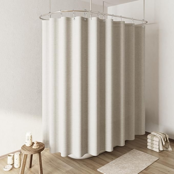 Naturoom Light Tan Linen Shower Curtain, Cloth Textured Fabric Shower Curtain Set with Hooks, Simple Elegant Modern Farmhouse Country Ultra Thick Bath Curtains for Bathroom,Water Repellent,108x72