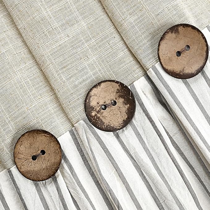 Farmhouse Shower Curtain,Beige and Gray Stripe,Button Curtain,Linen and Cotton Woven Fabric,Rustic Charm Country Chic Style,72x72 in