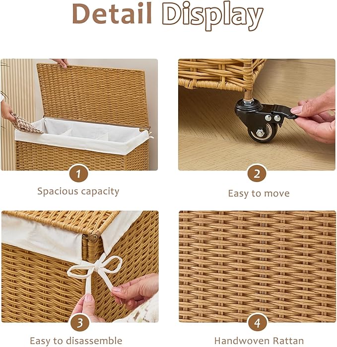 Handwoven Hamper with Lid, Laundry Basket with Wheels, Machine Washable Liner, 3 Section Clothes Hamper for Bathroom Laundry Room Bedroom, Rattan, 165L